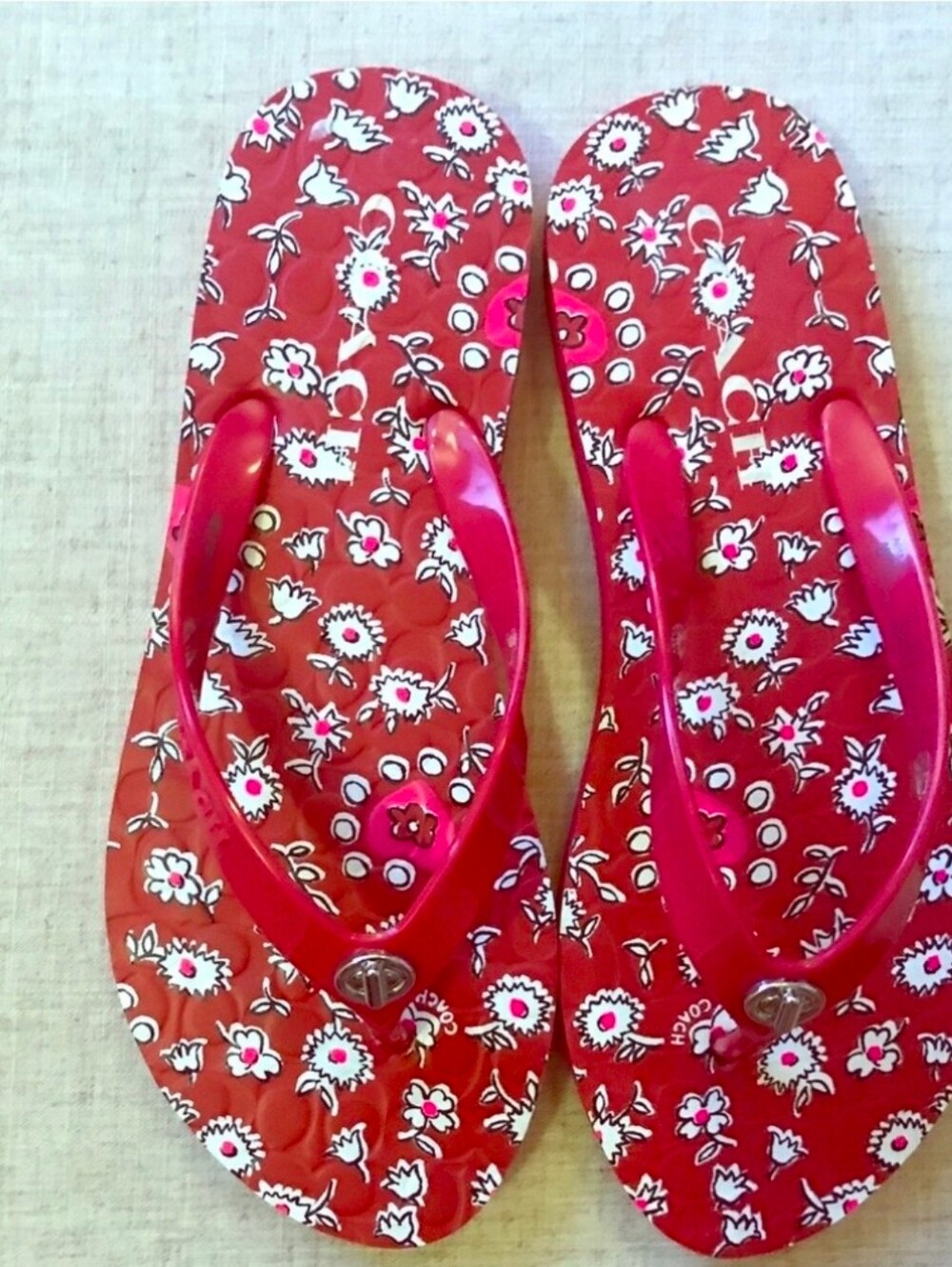 Coach Red Floral Flip Flops Size 9/10